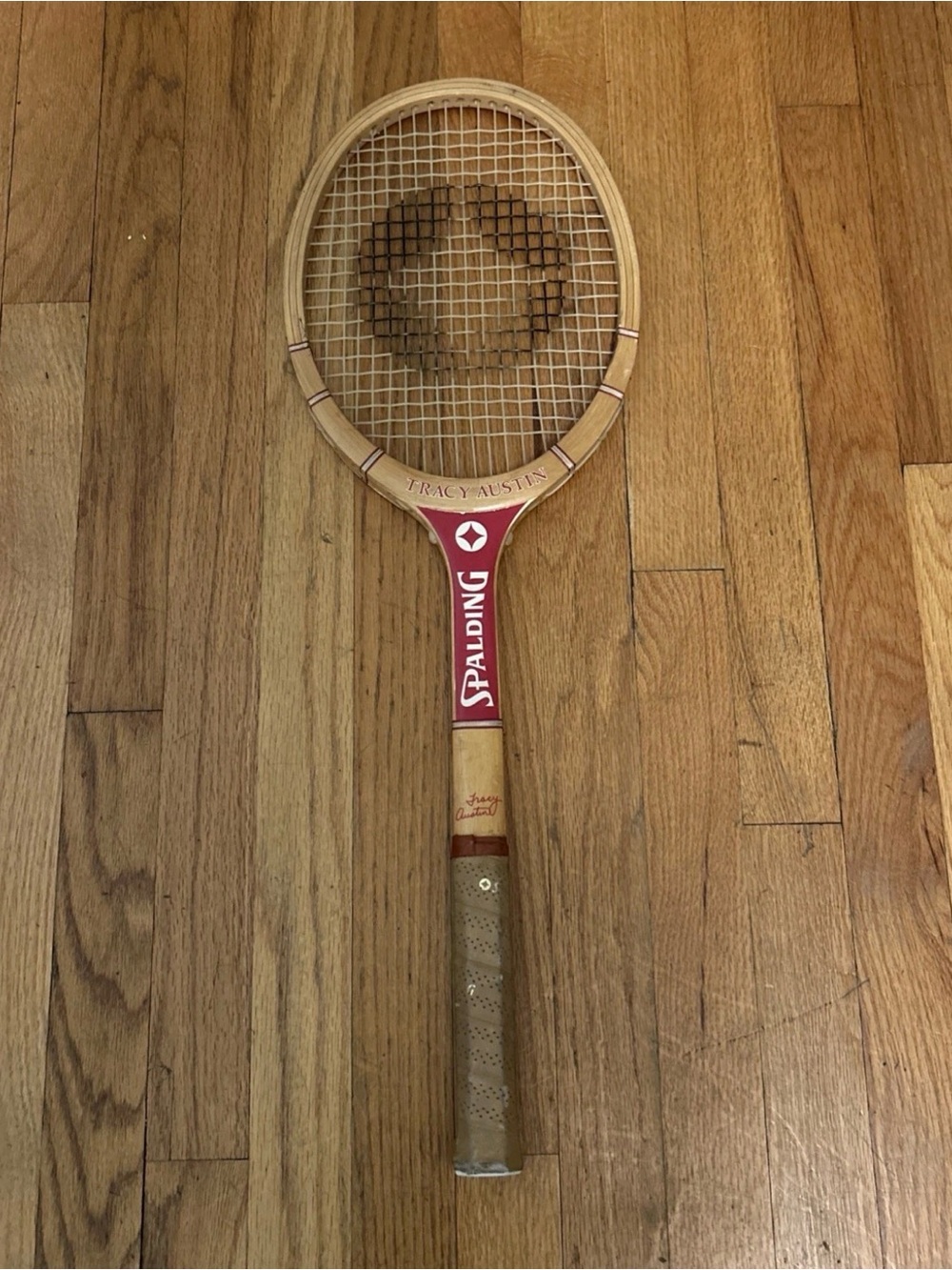 Tracy Austin Spalding Wooden Tennis Racket in Natural Wood and Red Accent